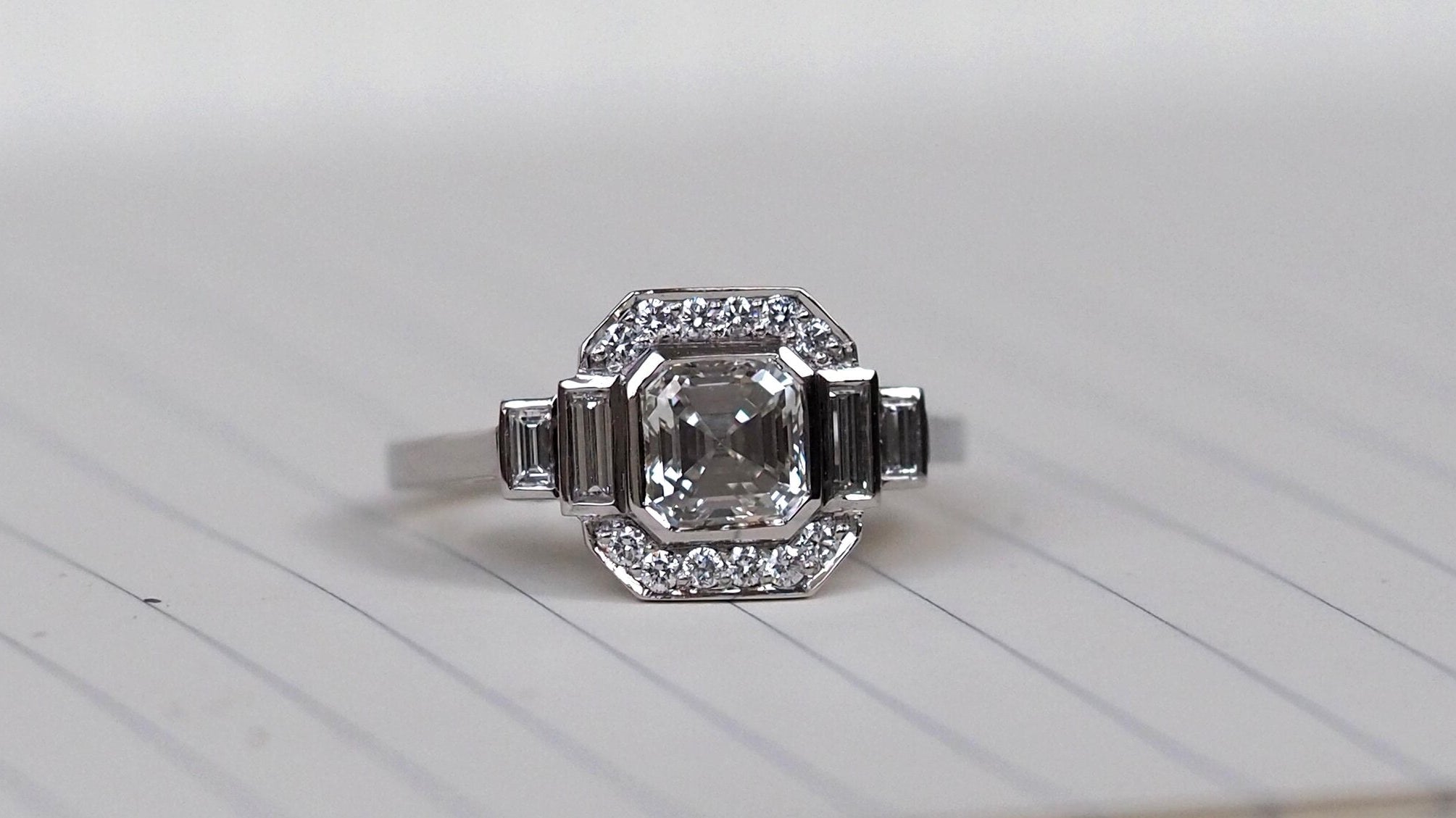 Platinum, Asscher And Baguette Cut Diamond Engagement Ring