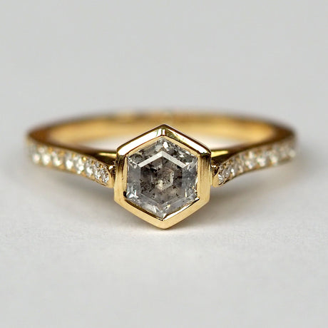 Salt and Pepper Hexagon Diamond Ring In Yellow Gold