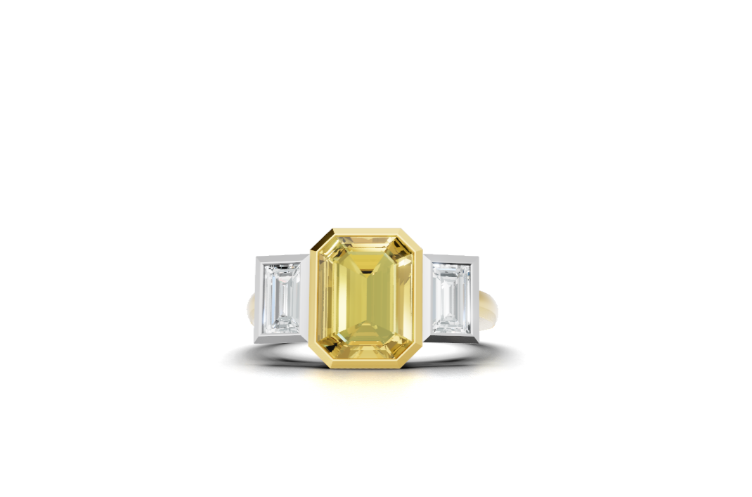 Yellow sapphire amd baguette diamond engagement ring