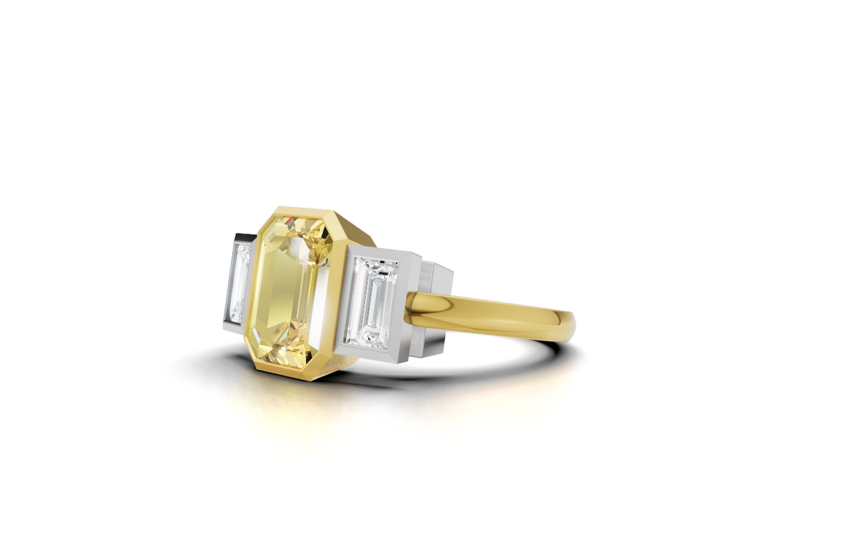 Yellow sapphire amd baguette diamond engagement ring